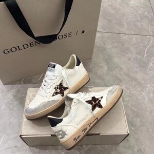 Golden Goose White Leather Sneakers with Leopard Star and Black Heel